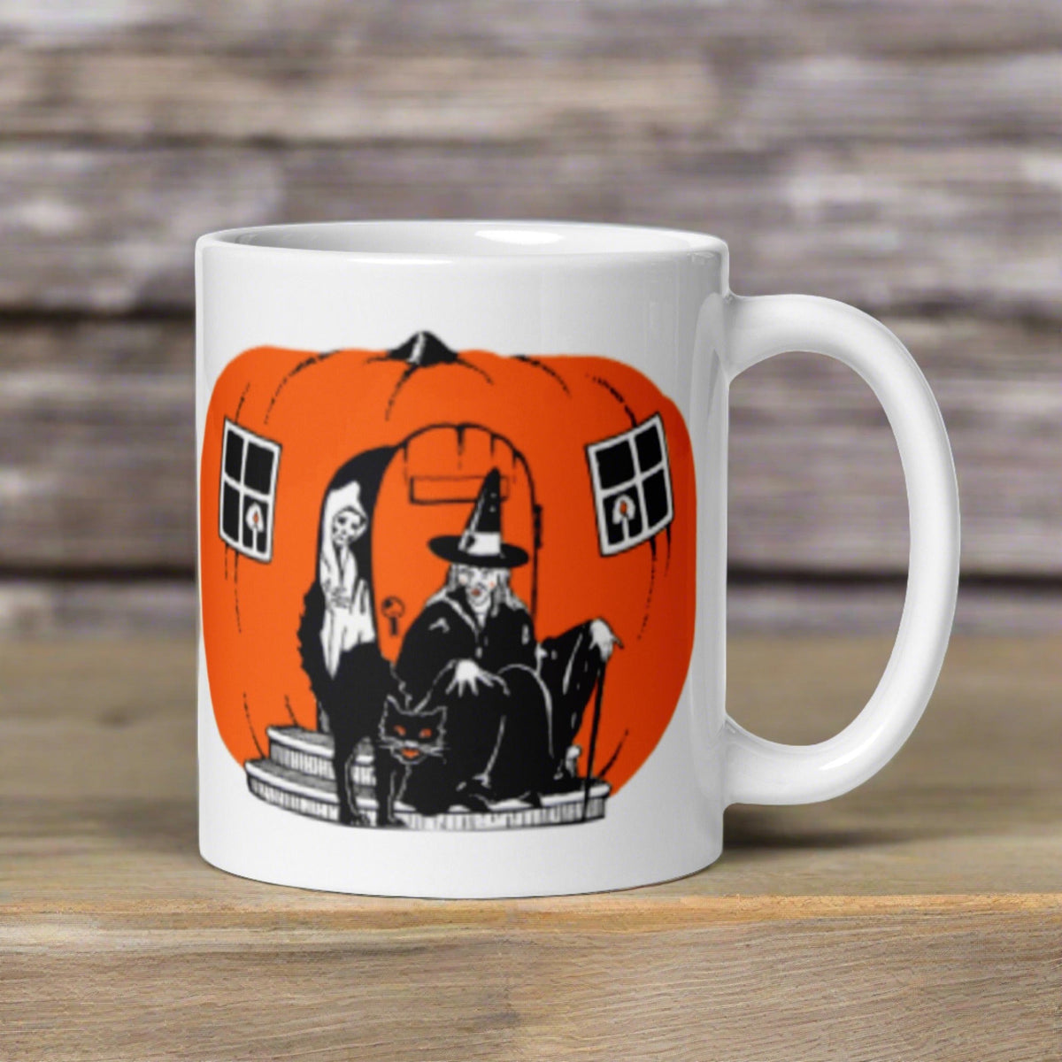 Pumpkin Witch House Black Cat Retro Halloween Vintage Mug
