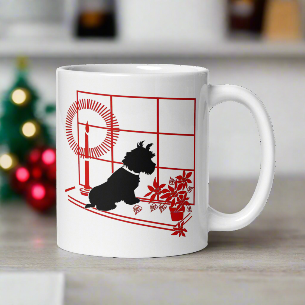 Black Scottie Dog At Window With Poinsettias And Candle Retro Vintage Print Ceramic Glossy Christmas Coffee Mug