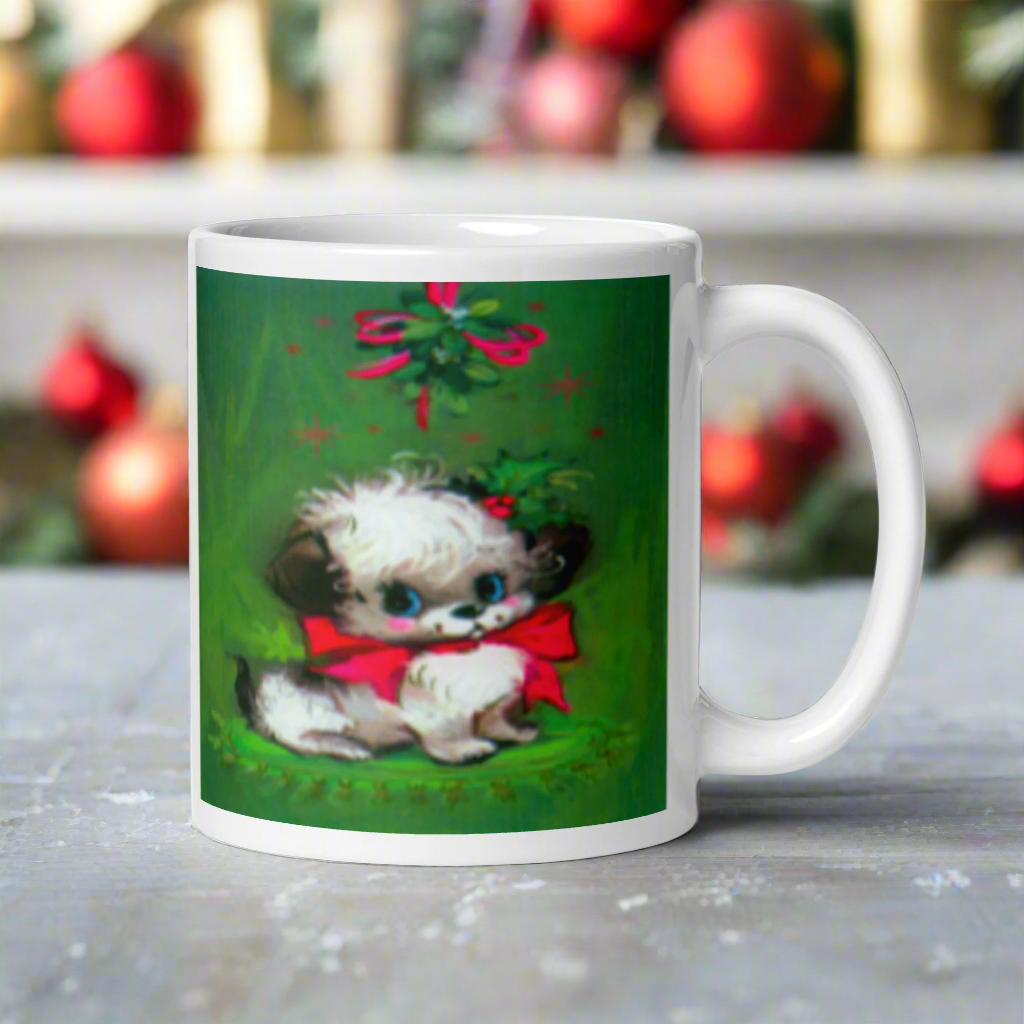 Christmas Puppy Under The Mistletoe Glossy Coffee Mug