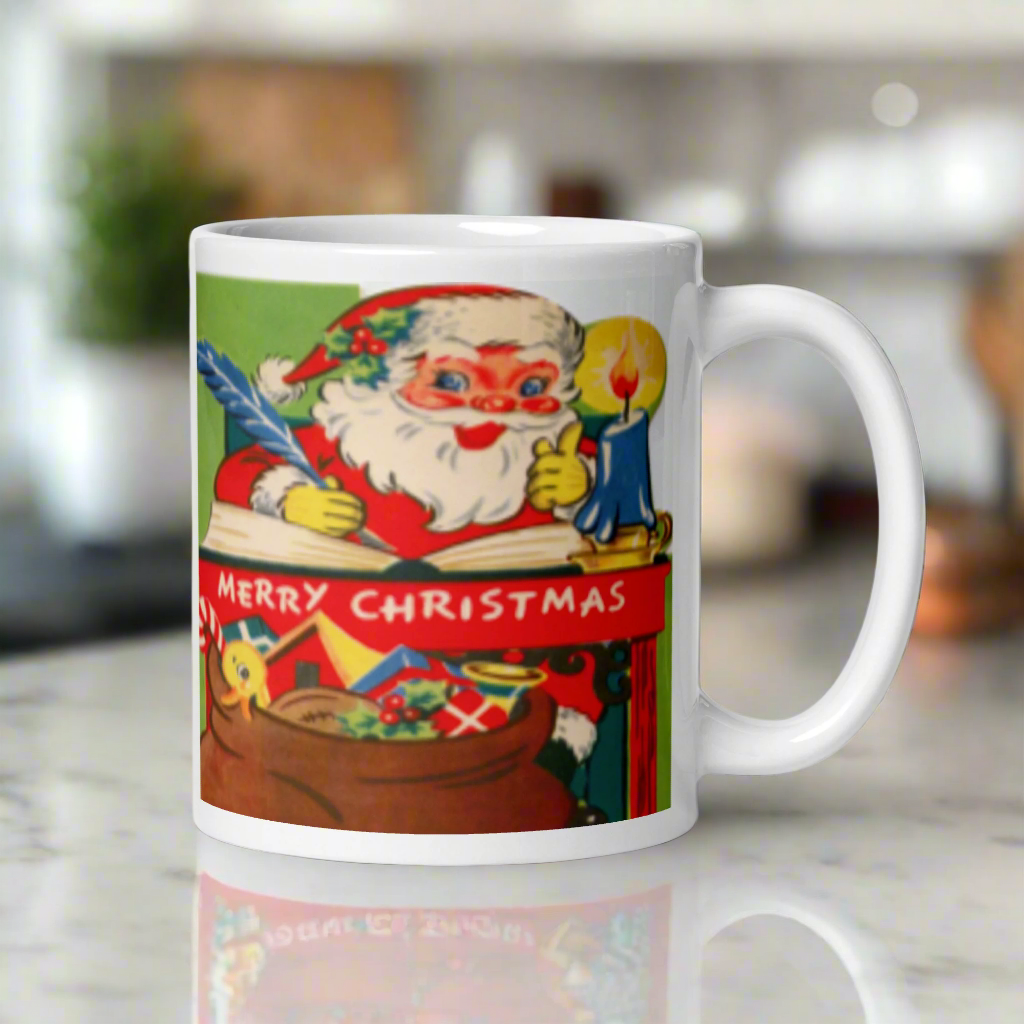 Santa At Workshop Desk Midcentury Christmas Glossy Coffee Mug
