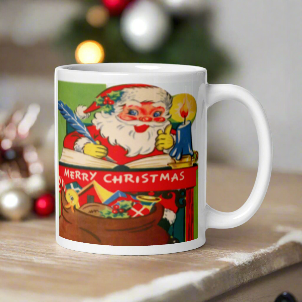 Santa At Workshop Desk Midcentury Christmas Glossy Coffee Mug
