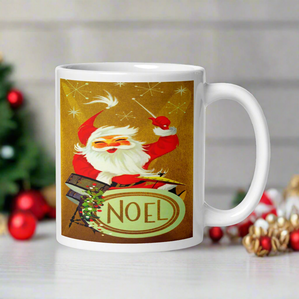 Santa Playing The Drums Retro Glossy Coffee Mug