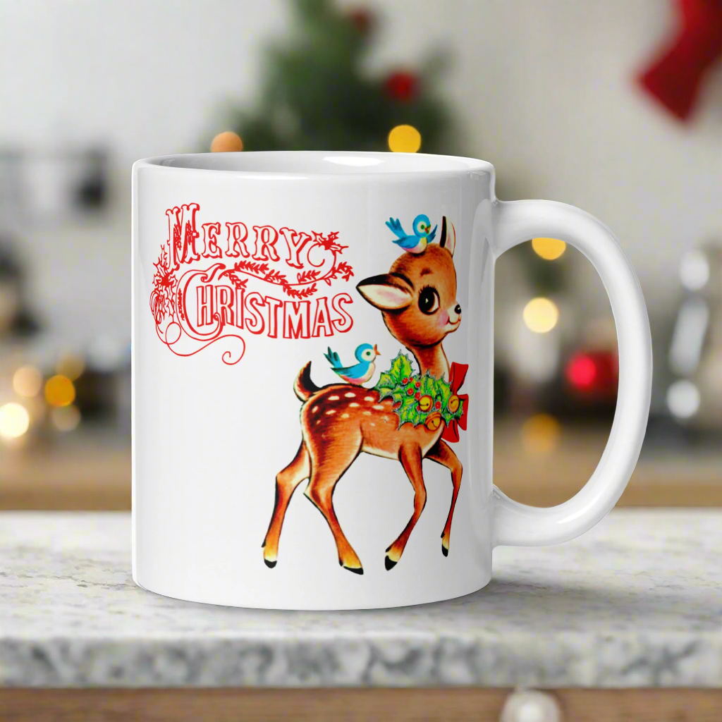 Merry Christmas Reindeer Bluebirds Midcentury Retro Coffee Mug