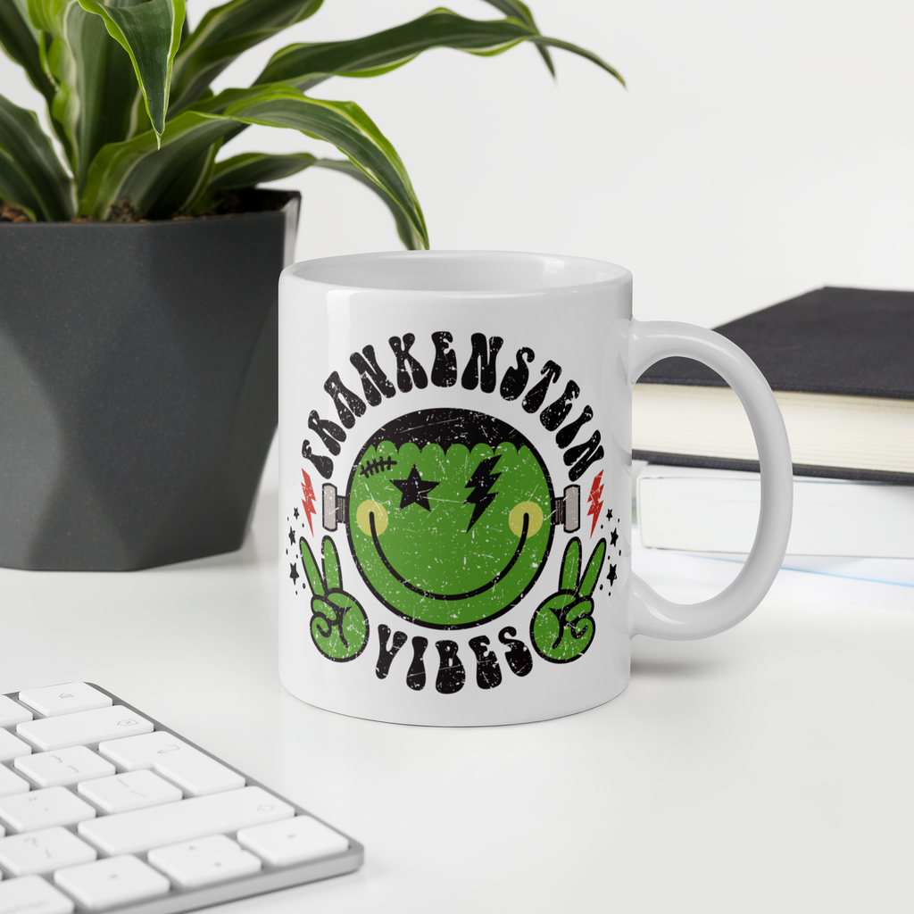 Frankenstein Vibes Distressed Style Halloween Glossy Coffee Mug