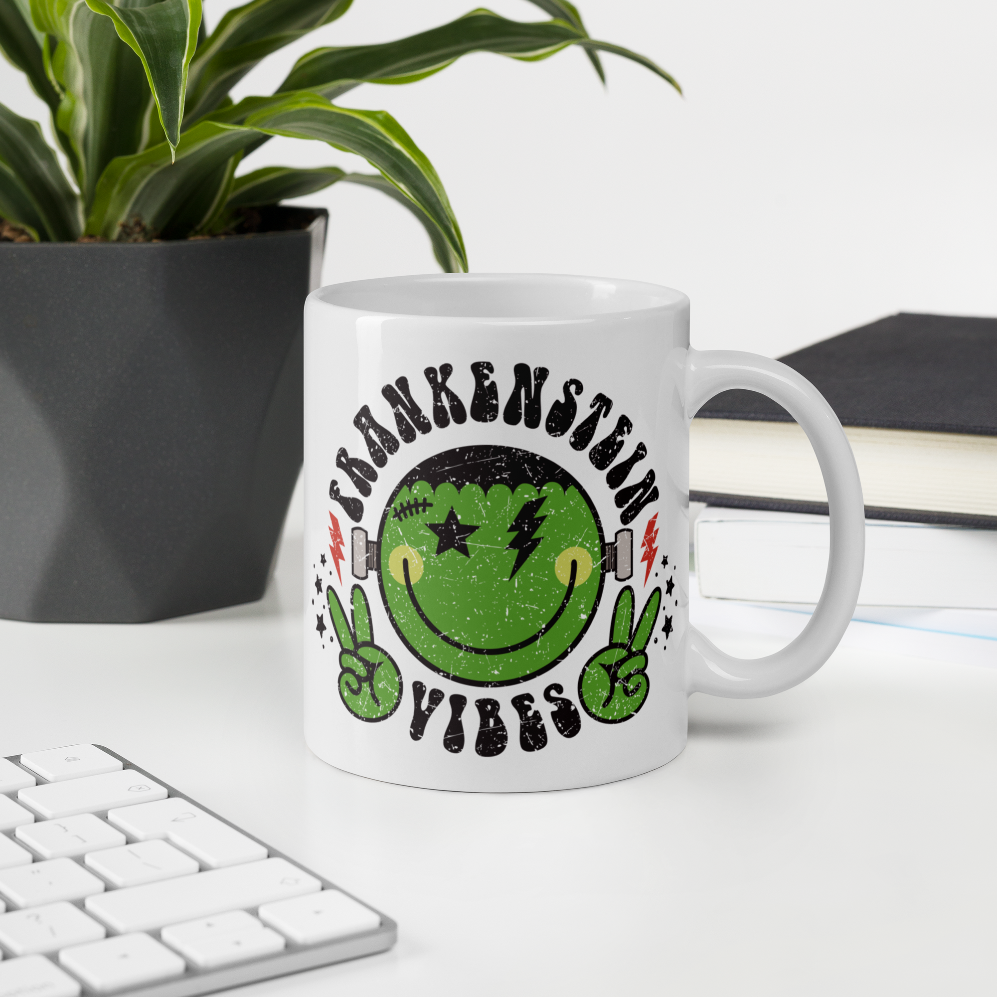 Frankenstein Vibes Distressed Style Halloween Glossy Coffee Mug