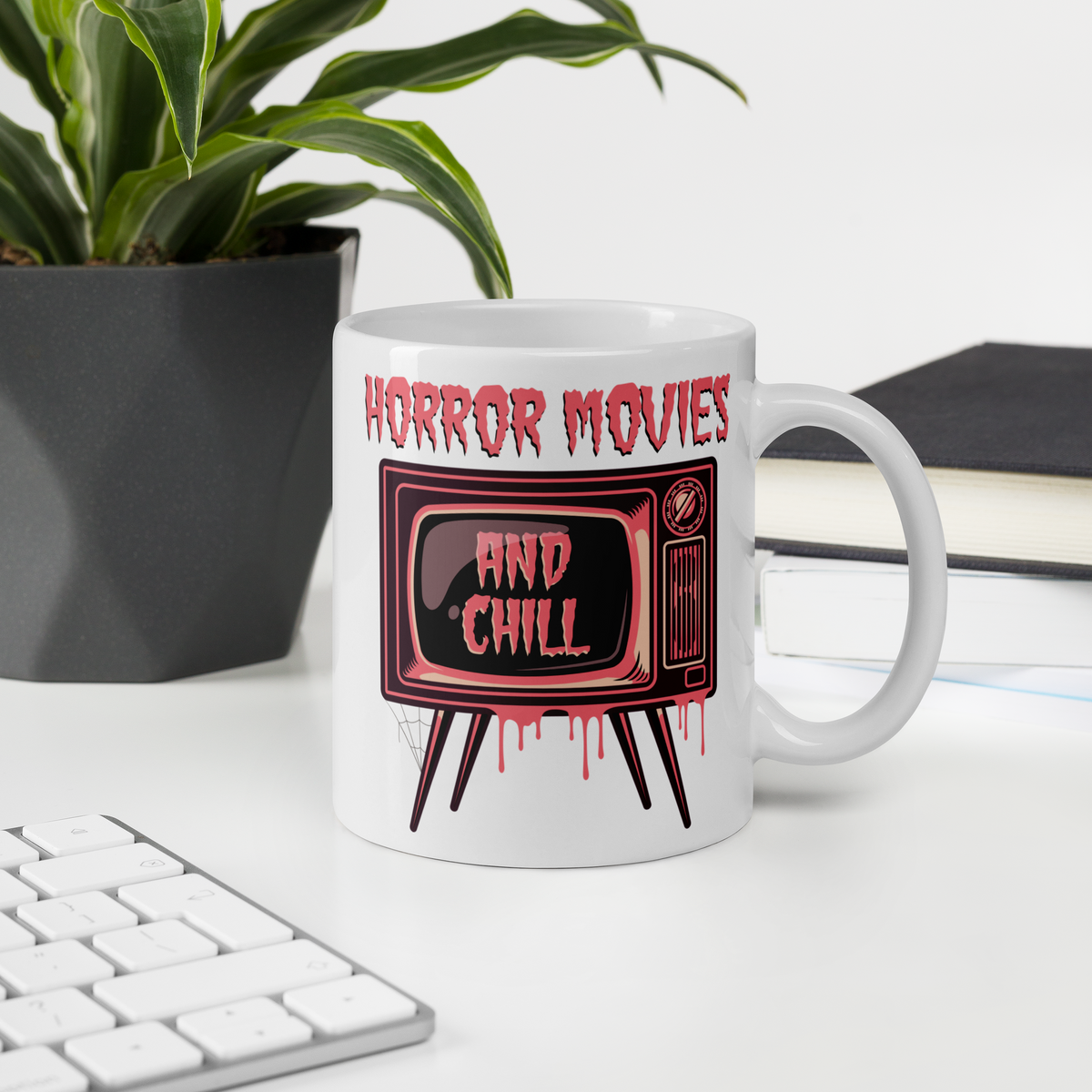 Horror Movies And Chill Retro Television Halloween Print Glossy Coffee Mug