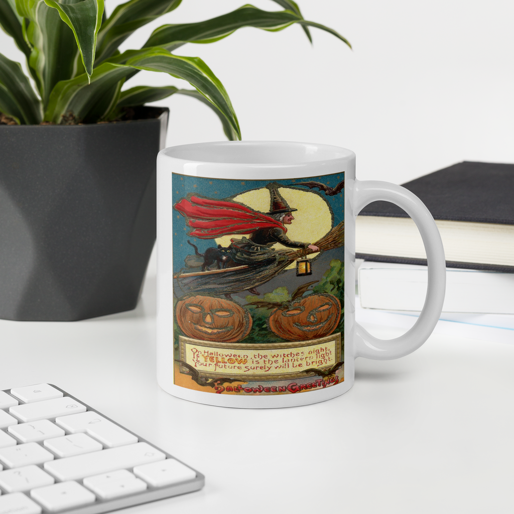 Victorian Witch Black Cat Retro Vintage Art Halloween Glossy Coffee Mug