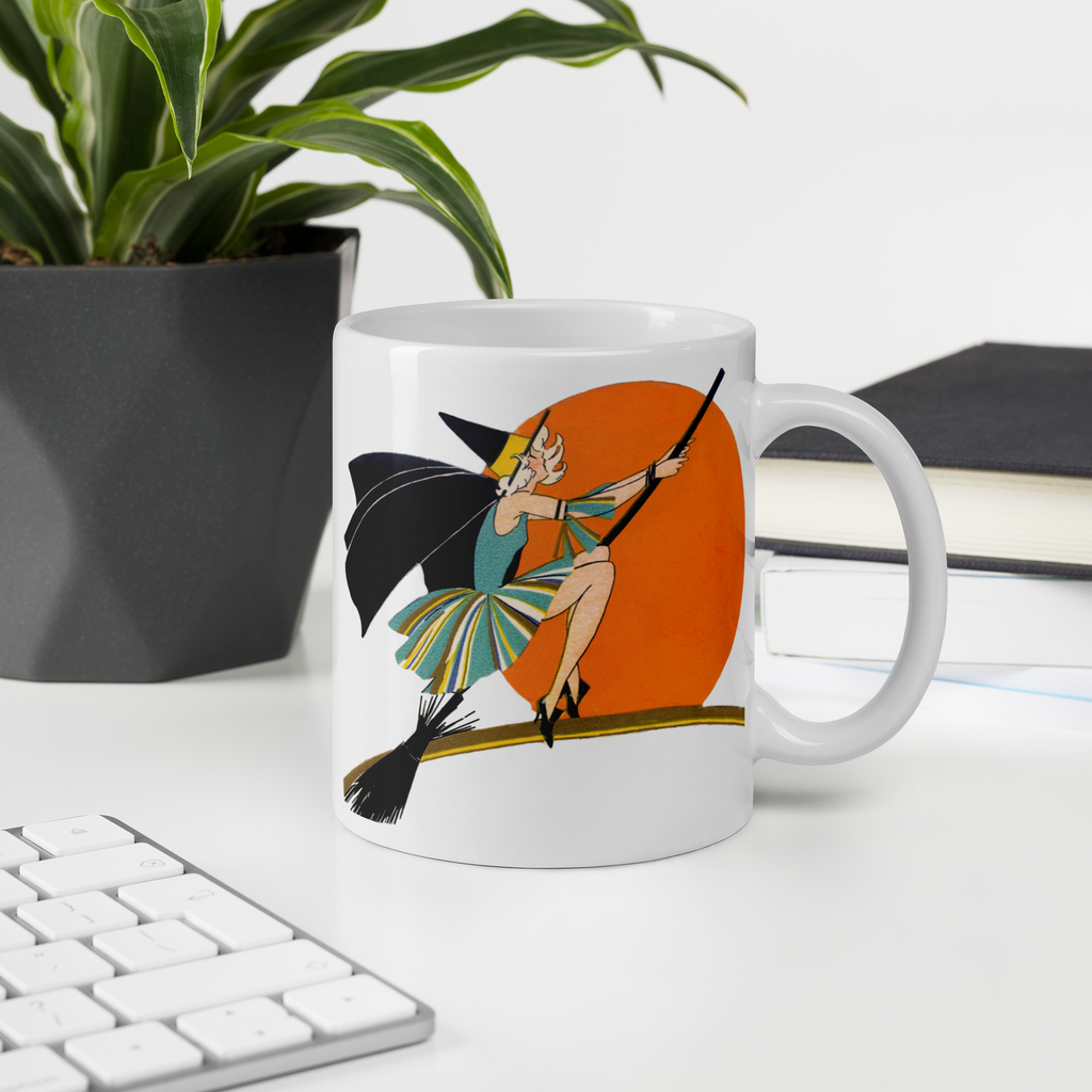 Flying Flapper Witch On Broom Orange Moon Retro Halloween Print Glossy Mug