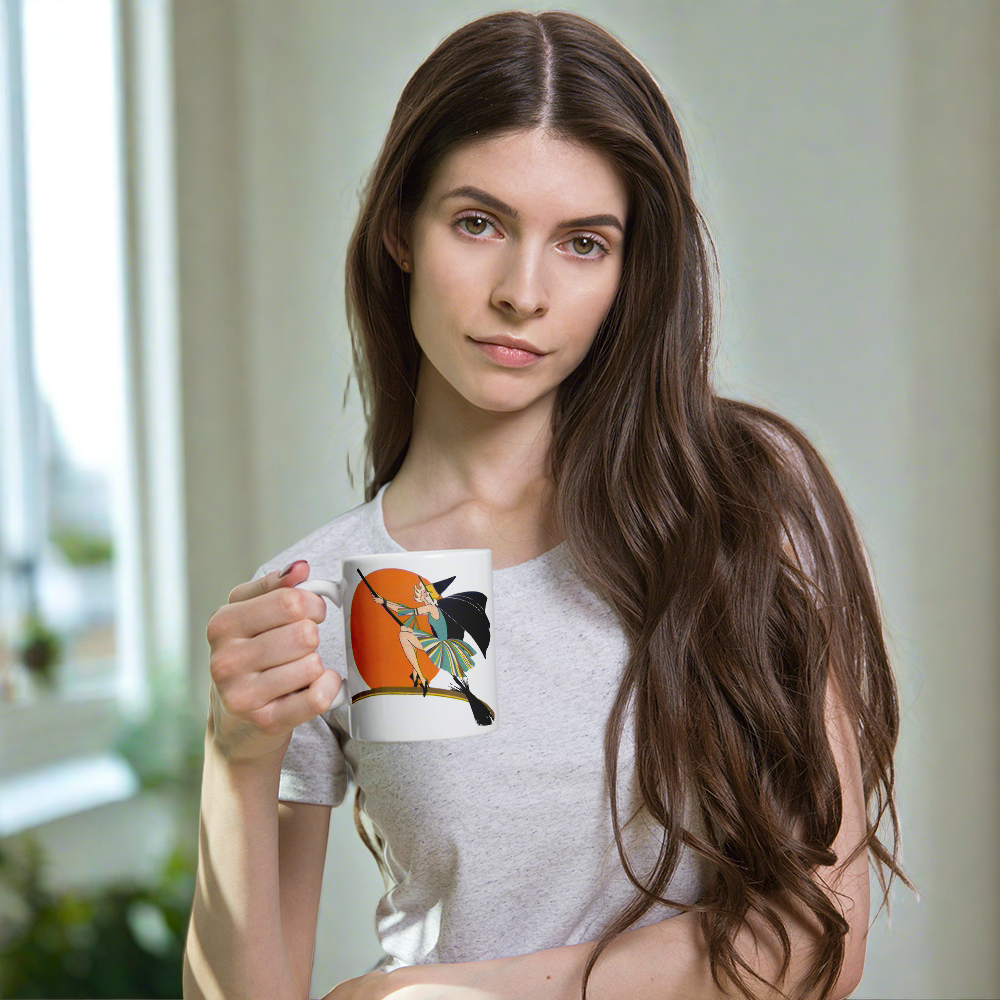 Flying Flapper Witch On Broom Orange Moon Retro Halloween Print Glossy Mug