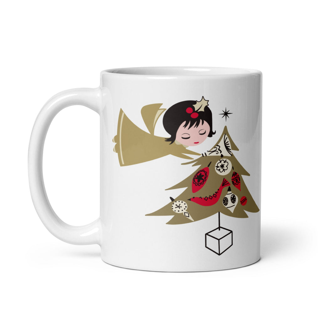 Gold Christmas Angel And Tree Mid Century Retro Christmas Print Glossy Mug