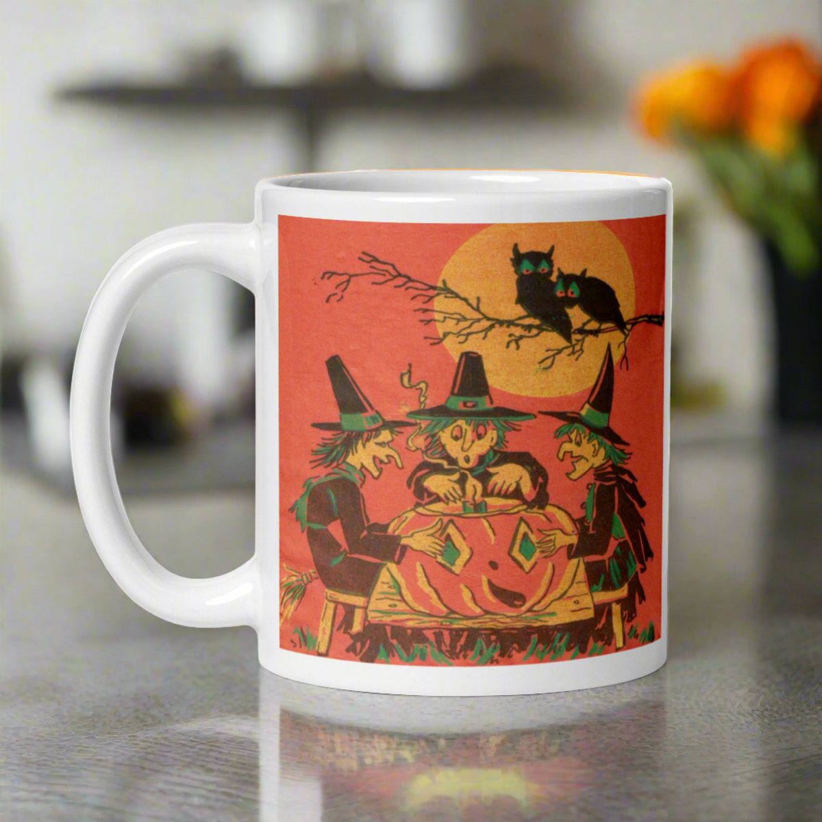 Three Witches Owls Full Moon Retro Halloween Glossy Ceramic Mug