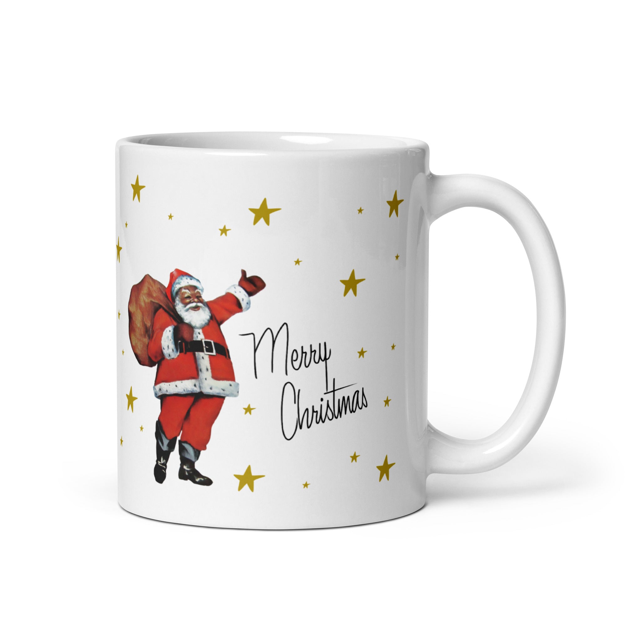 Santa With Stars Merry Christmas Mid Century Retro Christmas Print Glossy Mug