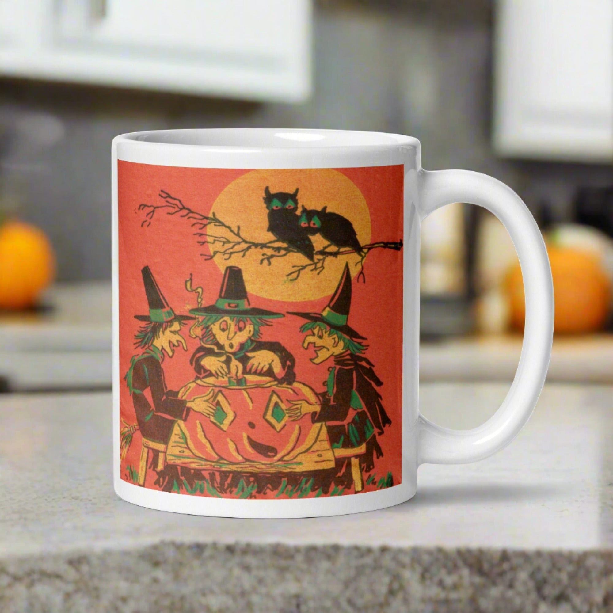 Three Witches Owls Full Moon Retro Halloween Glossy Ceramic Mug