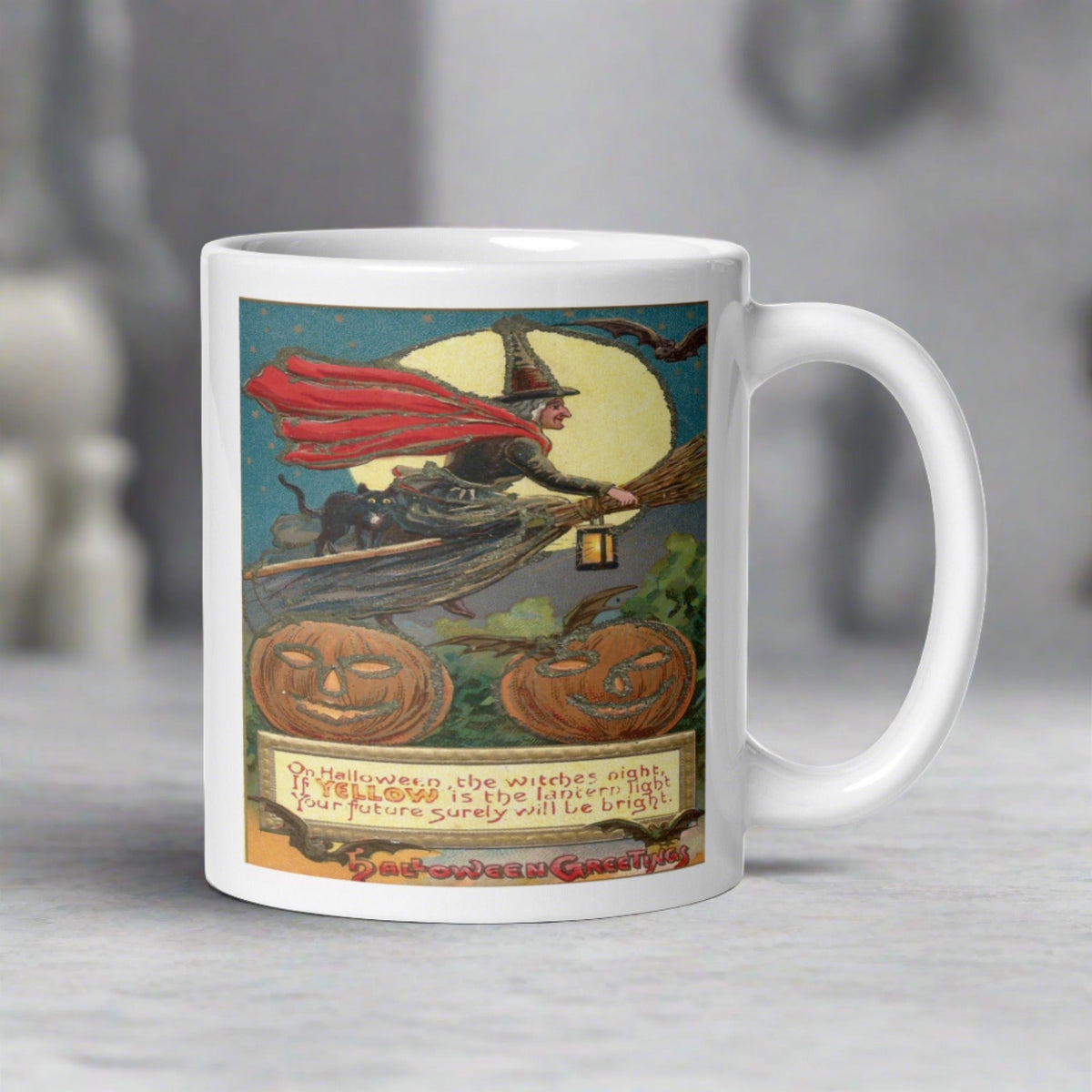 Victorian Witch Black Cat Retro Vintage Art Halloween Glossy Coffee Mug