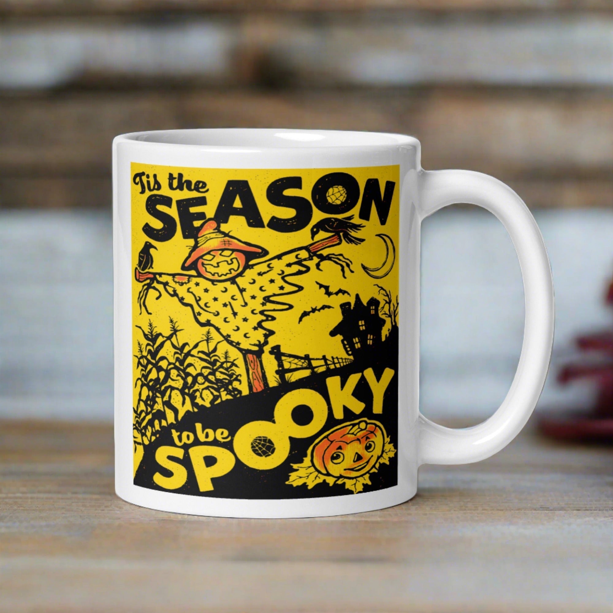 Tis The Season To Be Spooky Scarecrow Jack O'Lantern Retro Halloween Print Glossy Coffee Mug