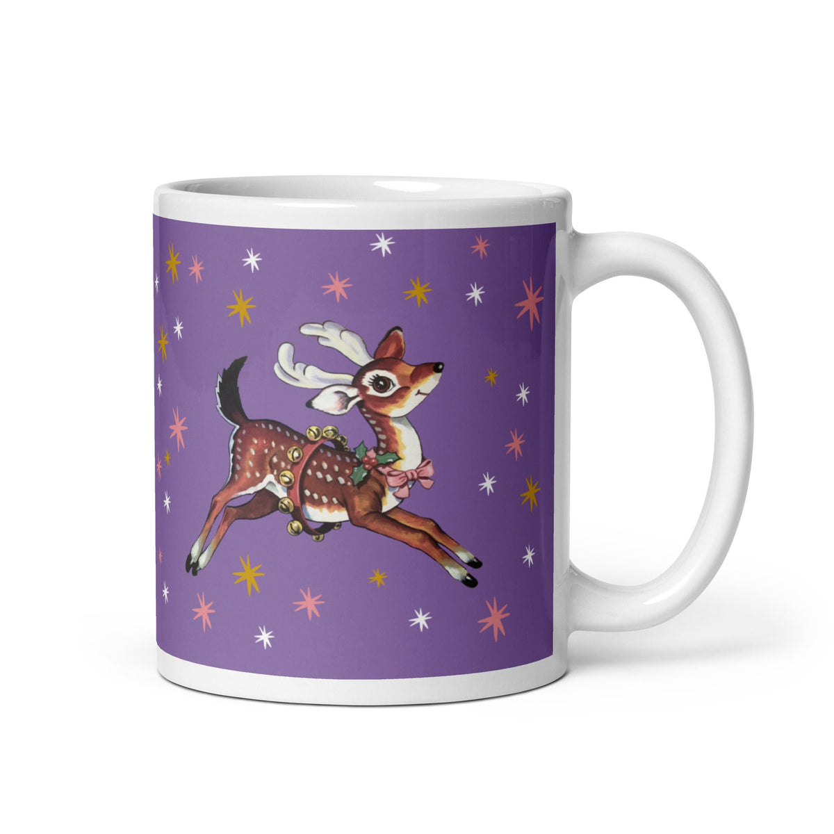 Reindeer Stars Retro Mid Century Christmas Print Purple White Glossy Coffee Mug