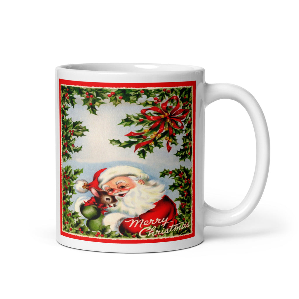 Santa With Baby Reindeer Christmas Holly Mid Century Retro Christmas Print Glossy Mug