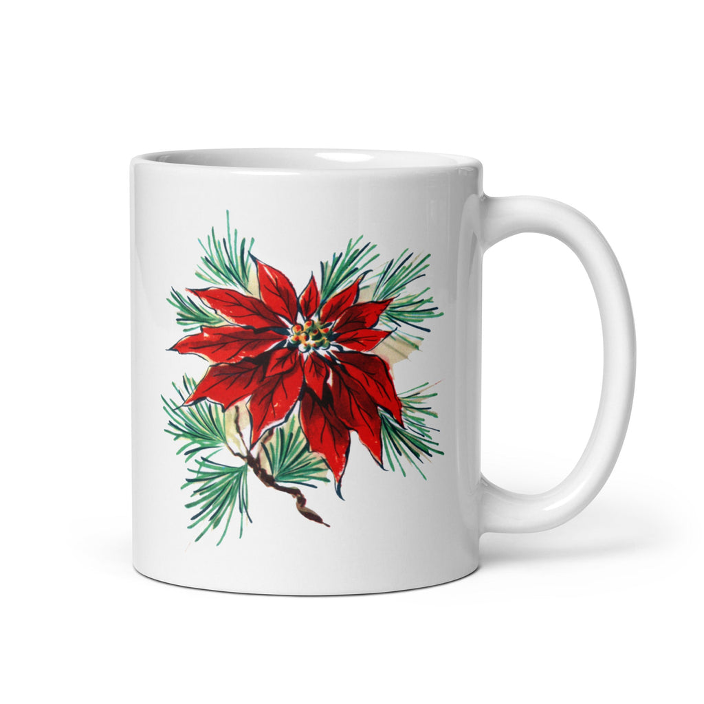 Vintage Christmas Poinsettia Mid Century Retro Christmas Print White Glossy Mug