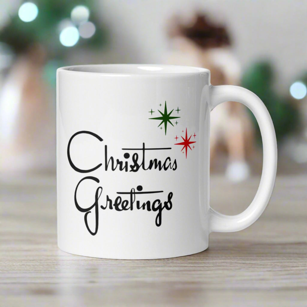 Christmas Greetings Starburst Atomic Mid Century Glossy Cofffee Mug