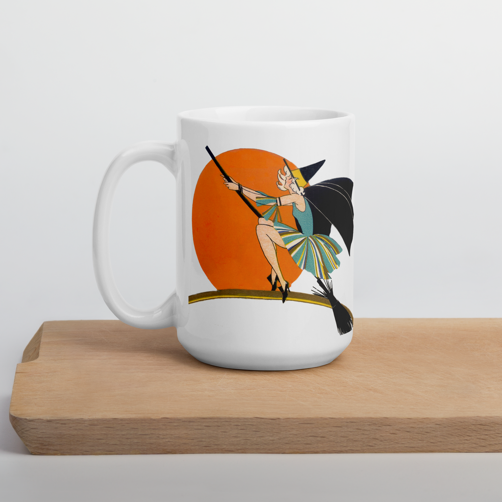 Flying Flapper Witch On Broom Orange Moon Retro Halloween Print Glossy Mug