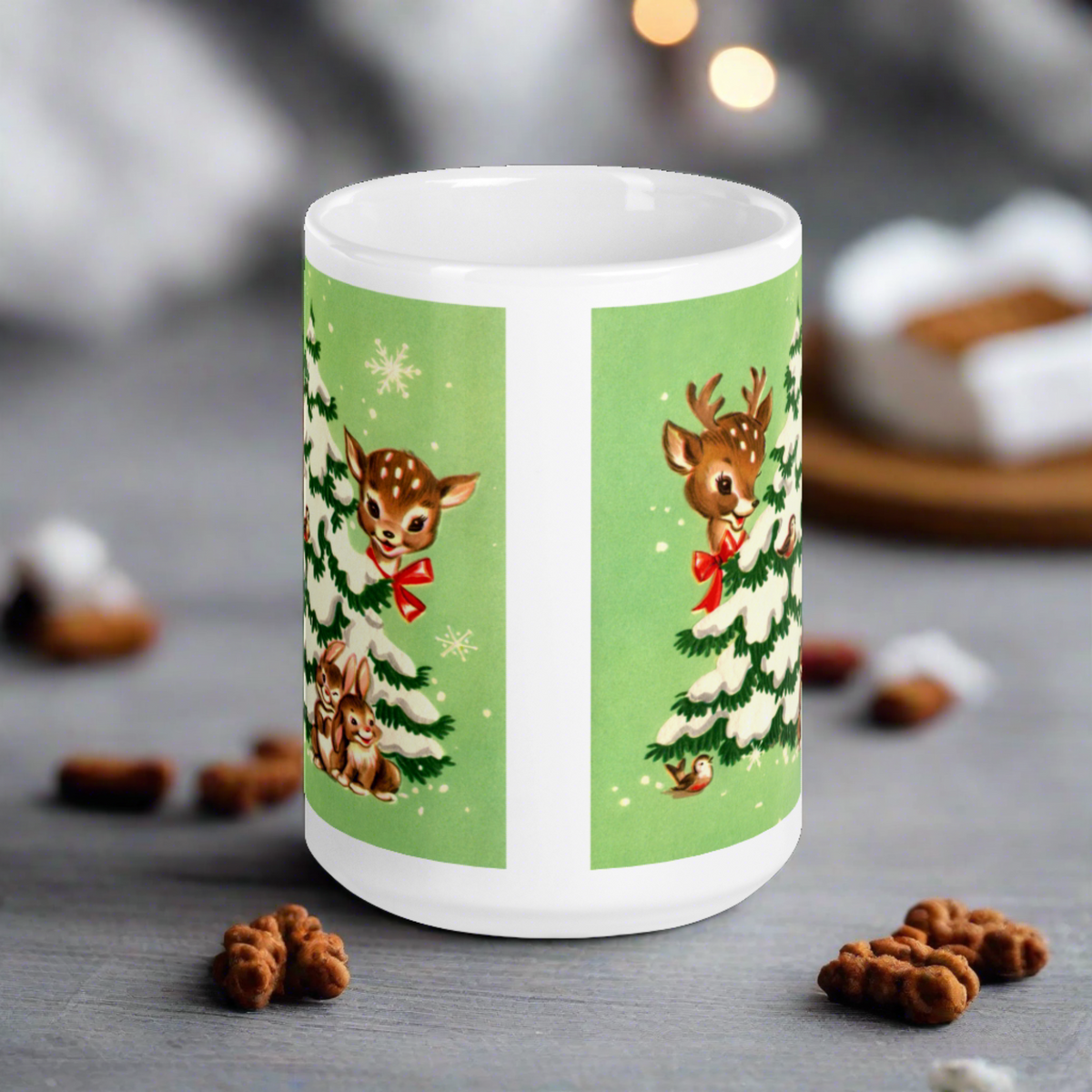 Reindeer In Snowy Tree With Bunnies And Birds Green Mid Century Retro Christmas Print Glossy Mug