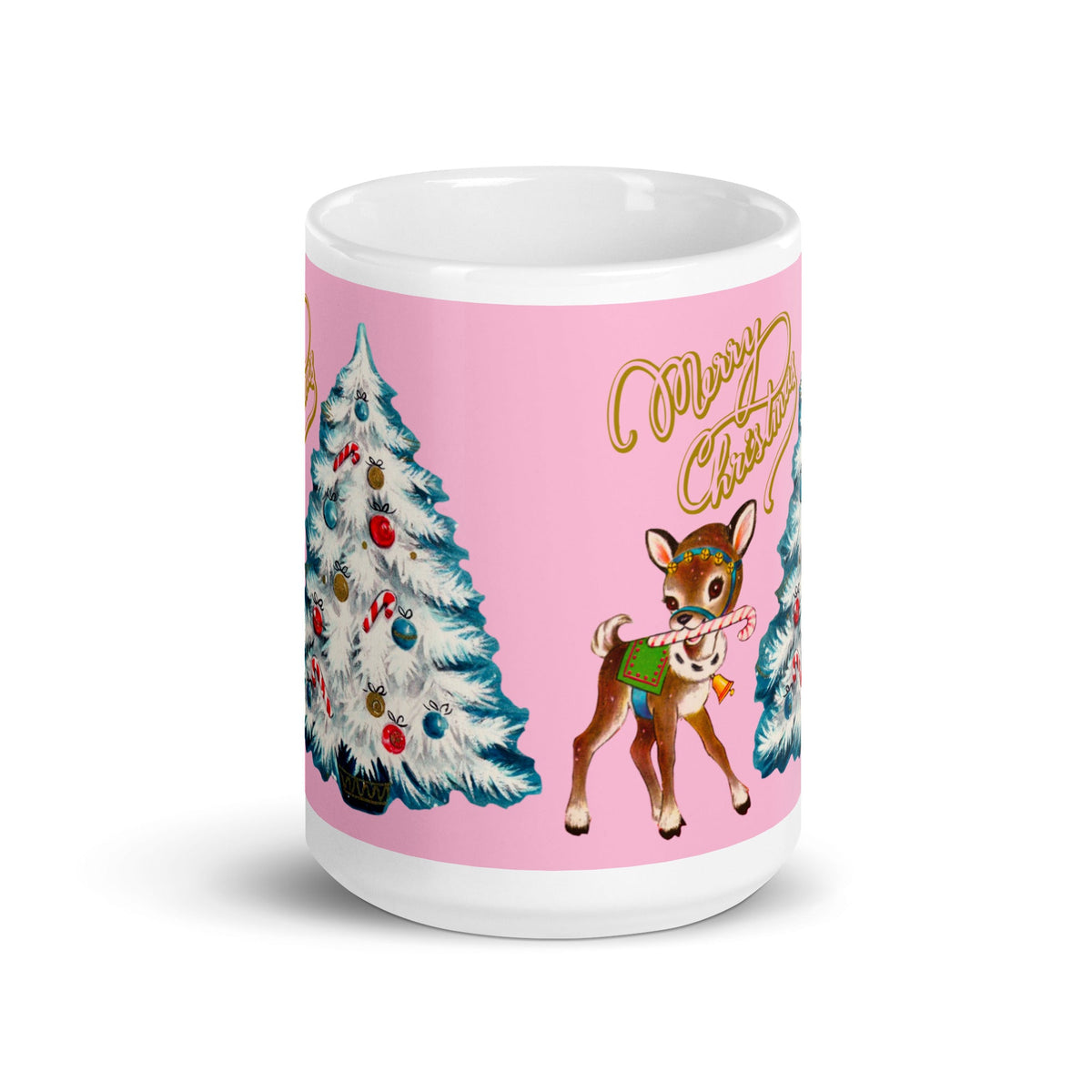 Merry Christmas Reindeer Mug White Teal Tree Pink Mid Century Retro Glossy Coffee Mug