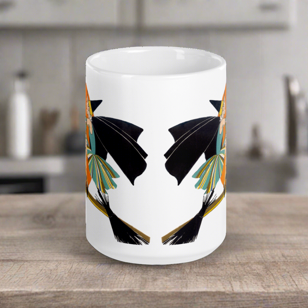 Flying Flapper Witch On Broom Orange Moon Retro Halloween Print Glossy Mug