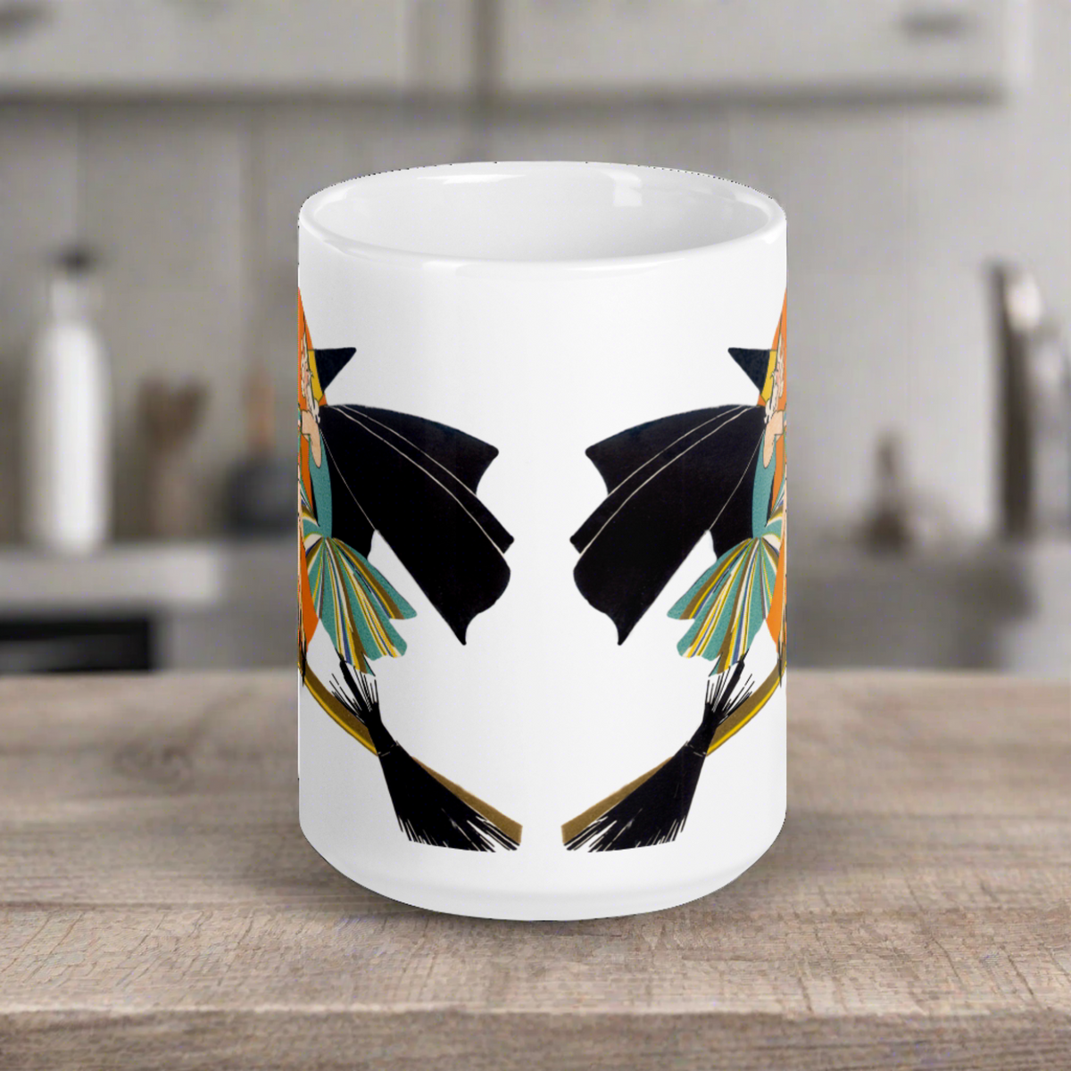 Flying Flapper Witch On Broom Orange Moon Retro Halloween Print Glossy Mug