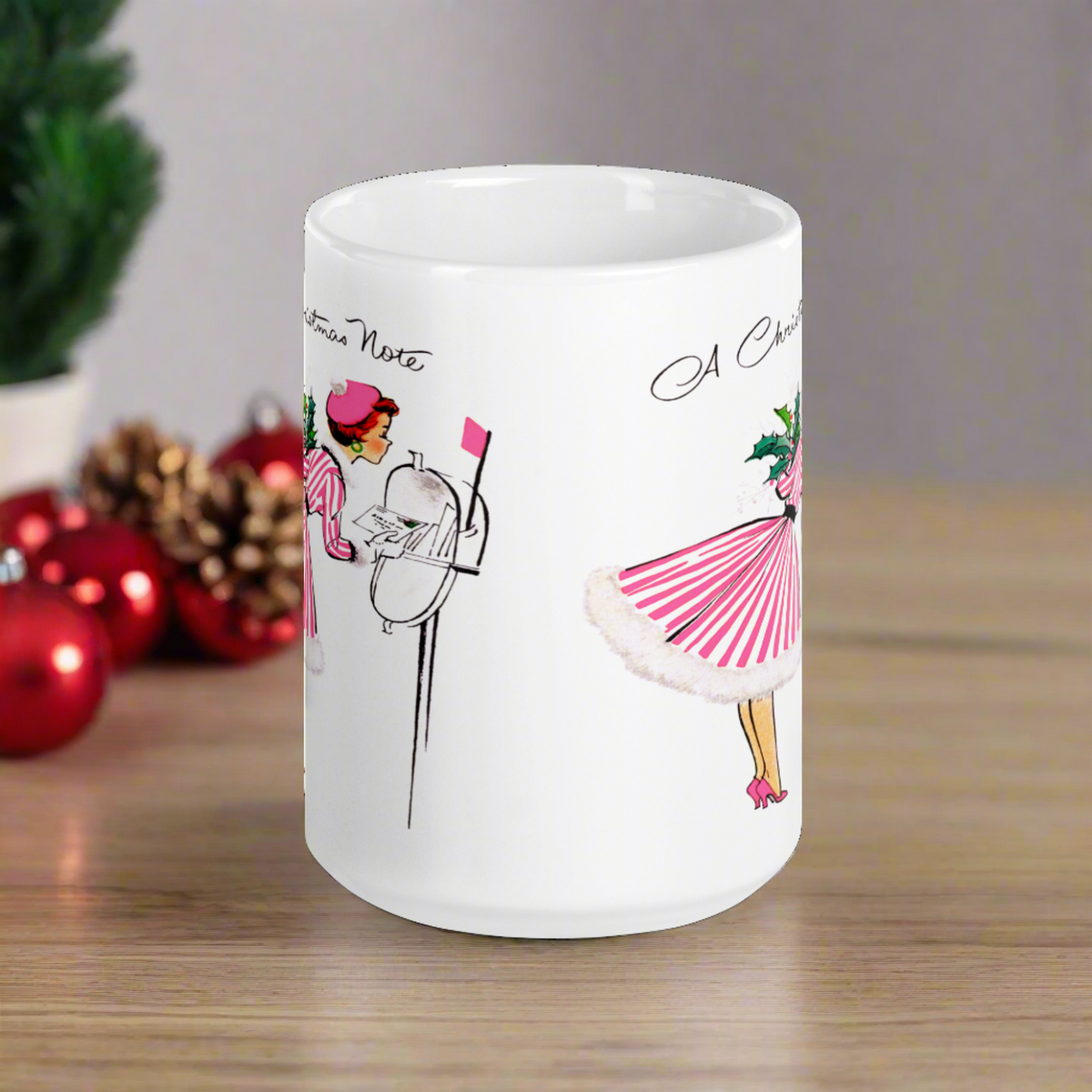 A Christmas Note Lady At Mailbox Retro Christmas Print Glossy Coffee Mug