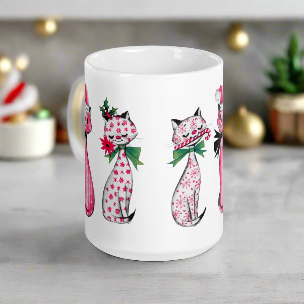 Christmas Cats Retro Midcentury Glossy Coffee Mug