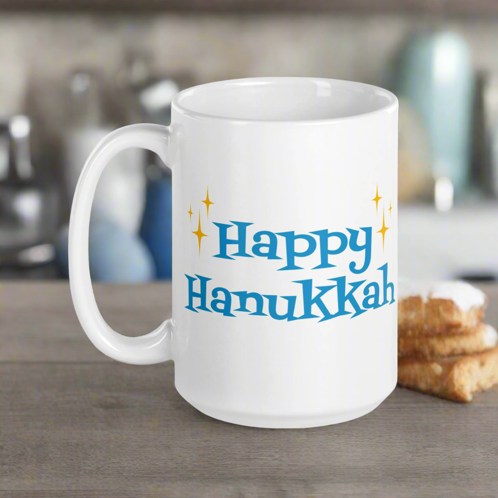 Happy Hanukkah Starburst Atomic Mid Century Glossy Coffee Mug