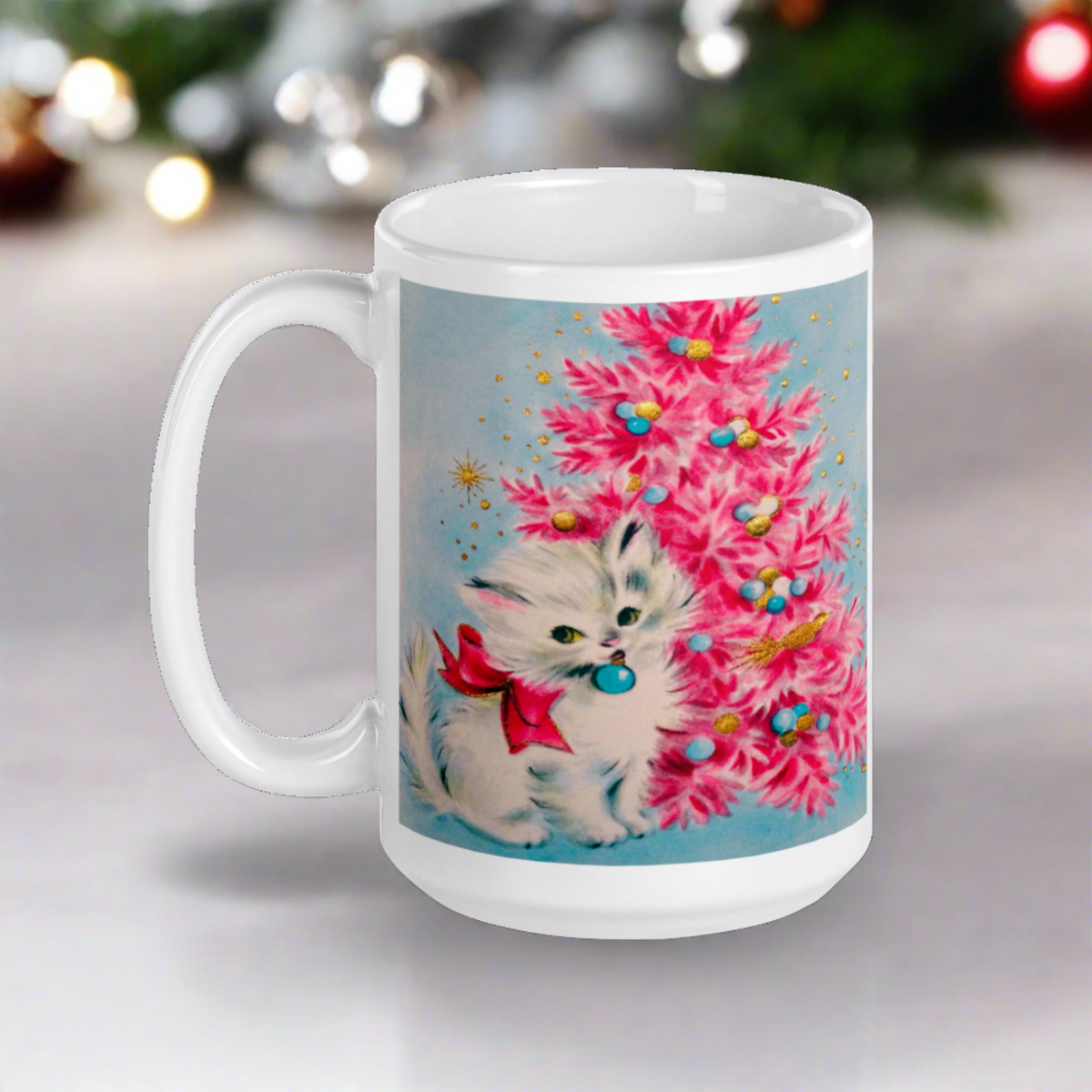 Christmas Kitten Pink Christmas Tree Mid Century Retro Christmas Print Glossy Mug