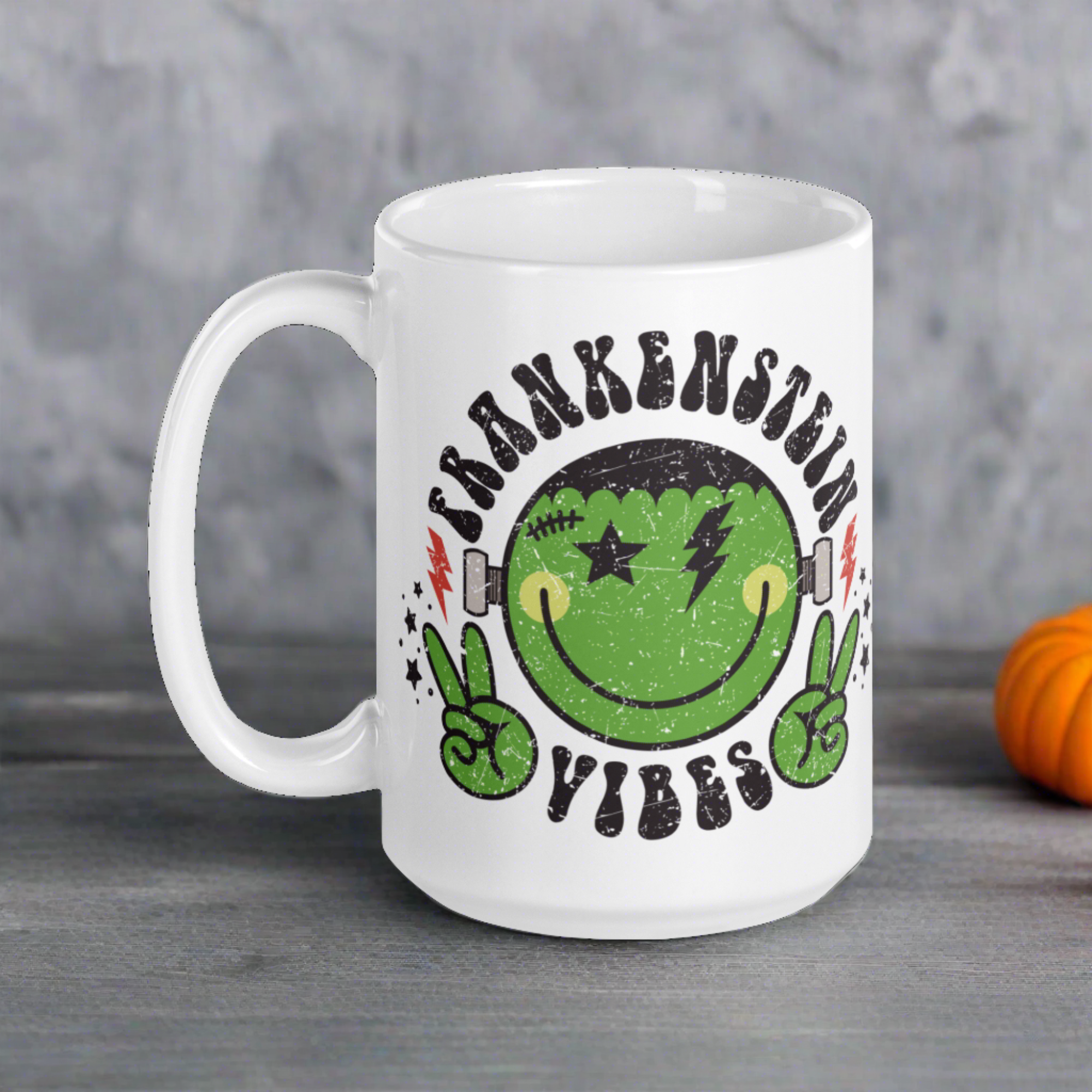 Frankenstein Vibes Distressed Style Halloween Glossy Coffee Mug