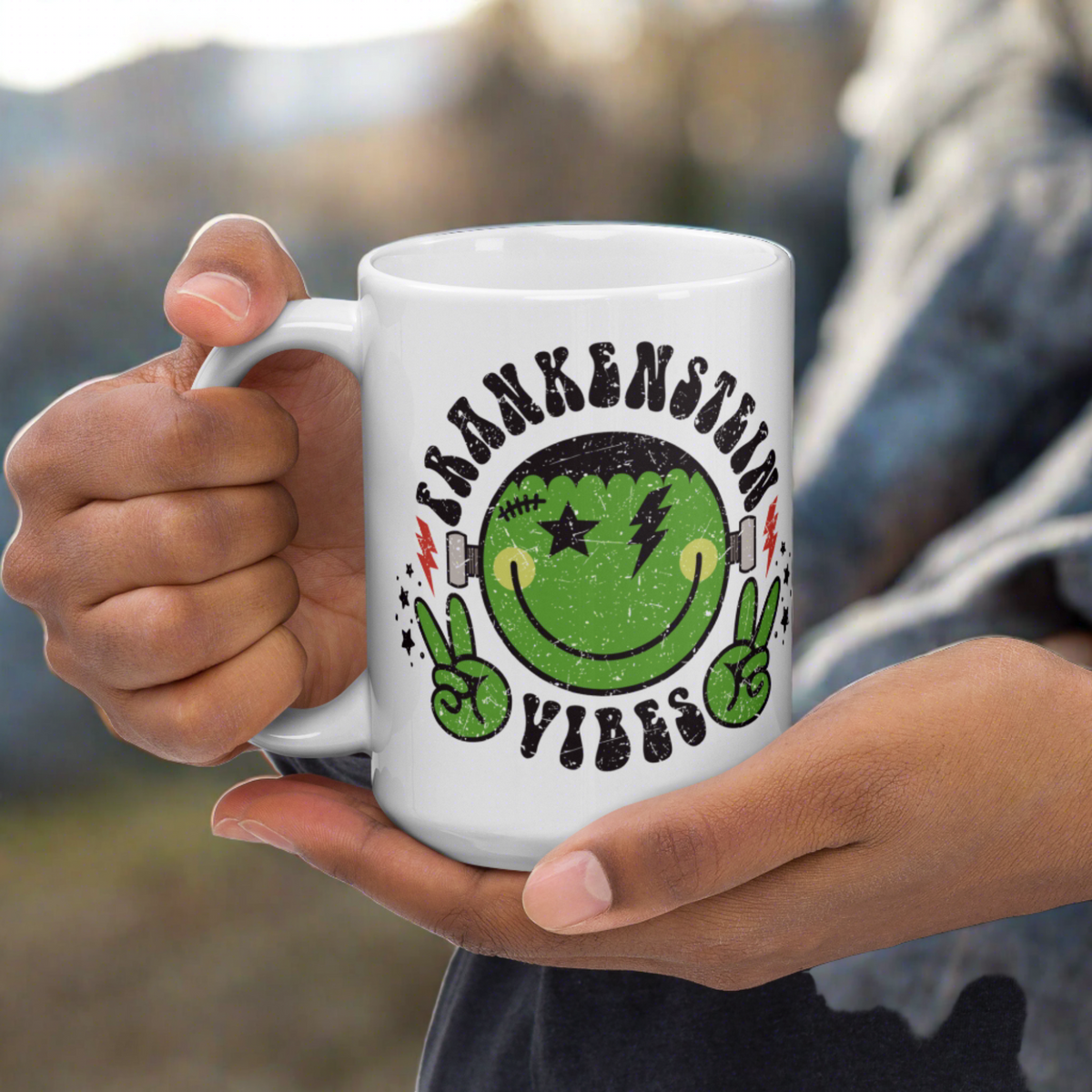 Frankenstein Vibes Distressed Style Halloween Glossy Coffee Mug