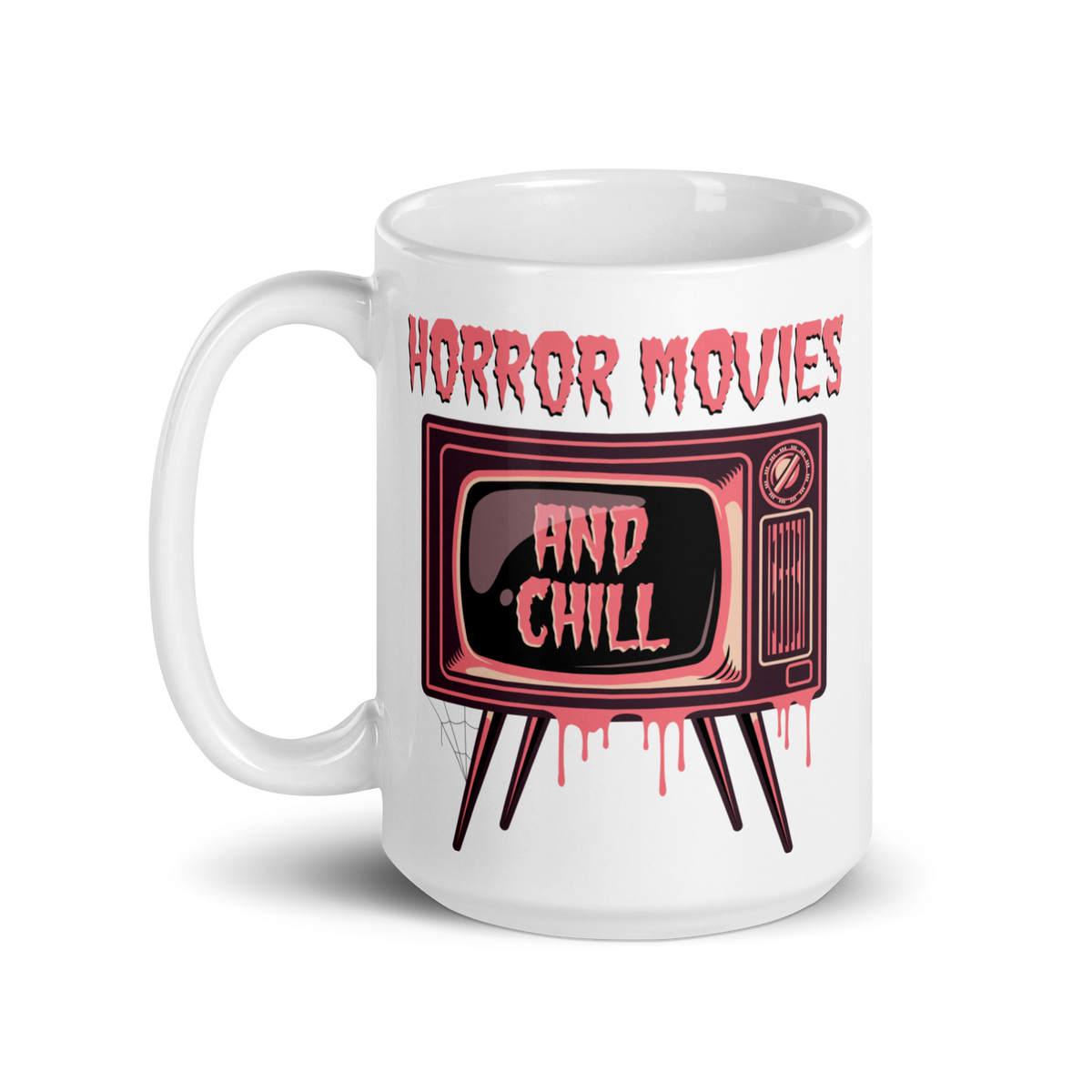 Horror Movies And Chill Retro Television Halloween Print Glossy Coffee Mug