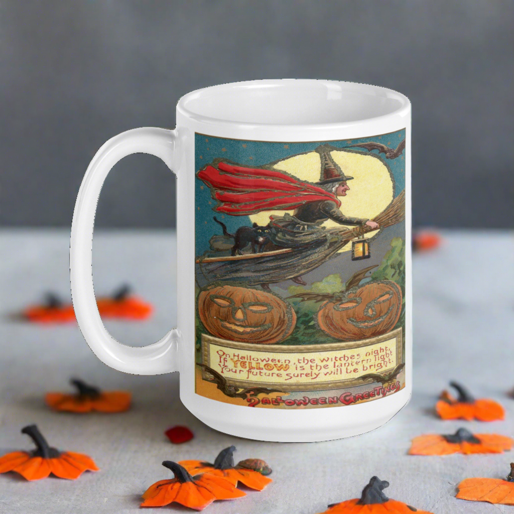 Victorian Witch Black Cat Retro Vintage Art Halloween Glossy Coffee Mug