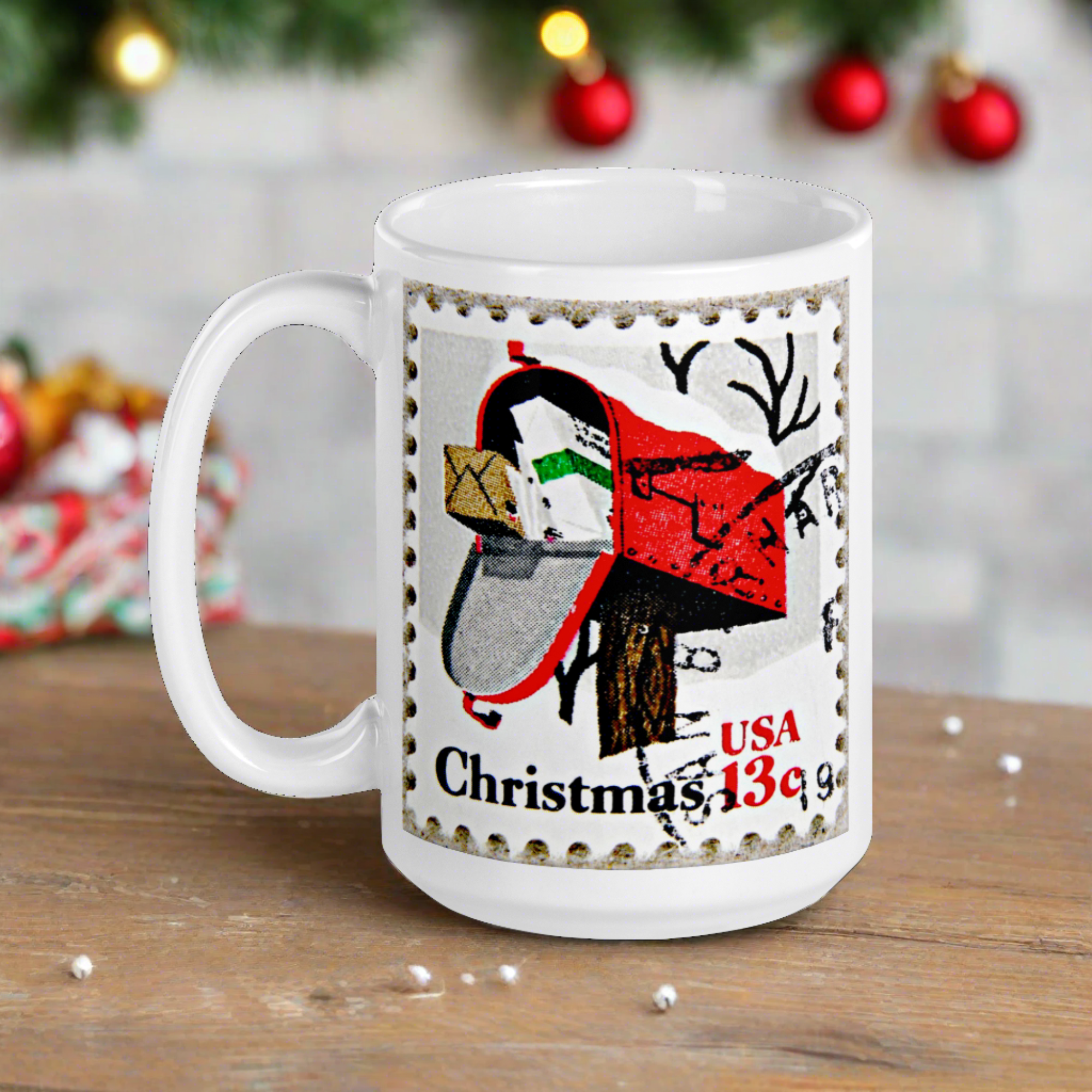 Christmas Stamp Mailbox Retro Christmas Print Glossy Mug