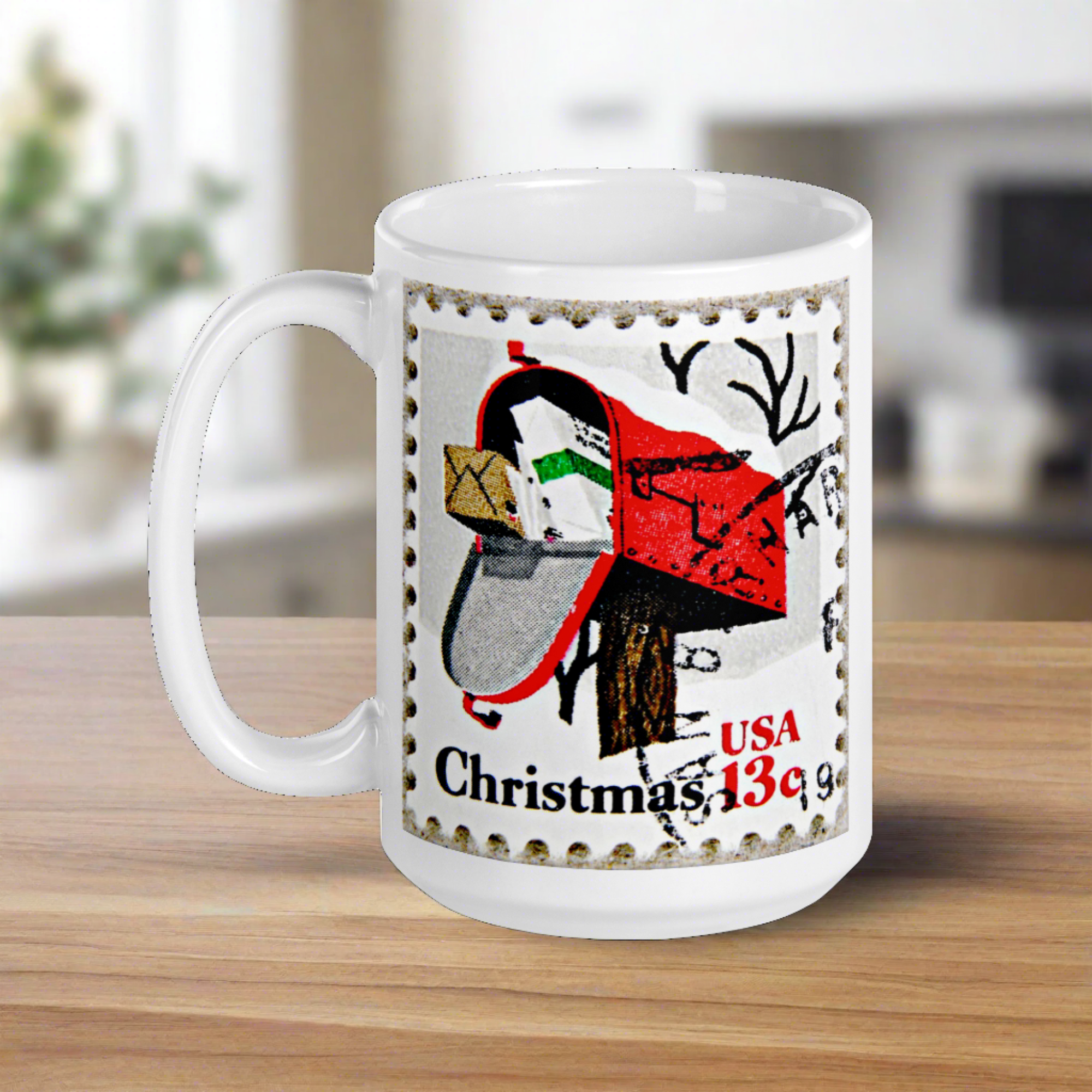 Christmas Stamp Mailbox Retro Christmas Print Glossy Mug