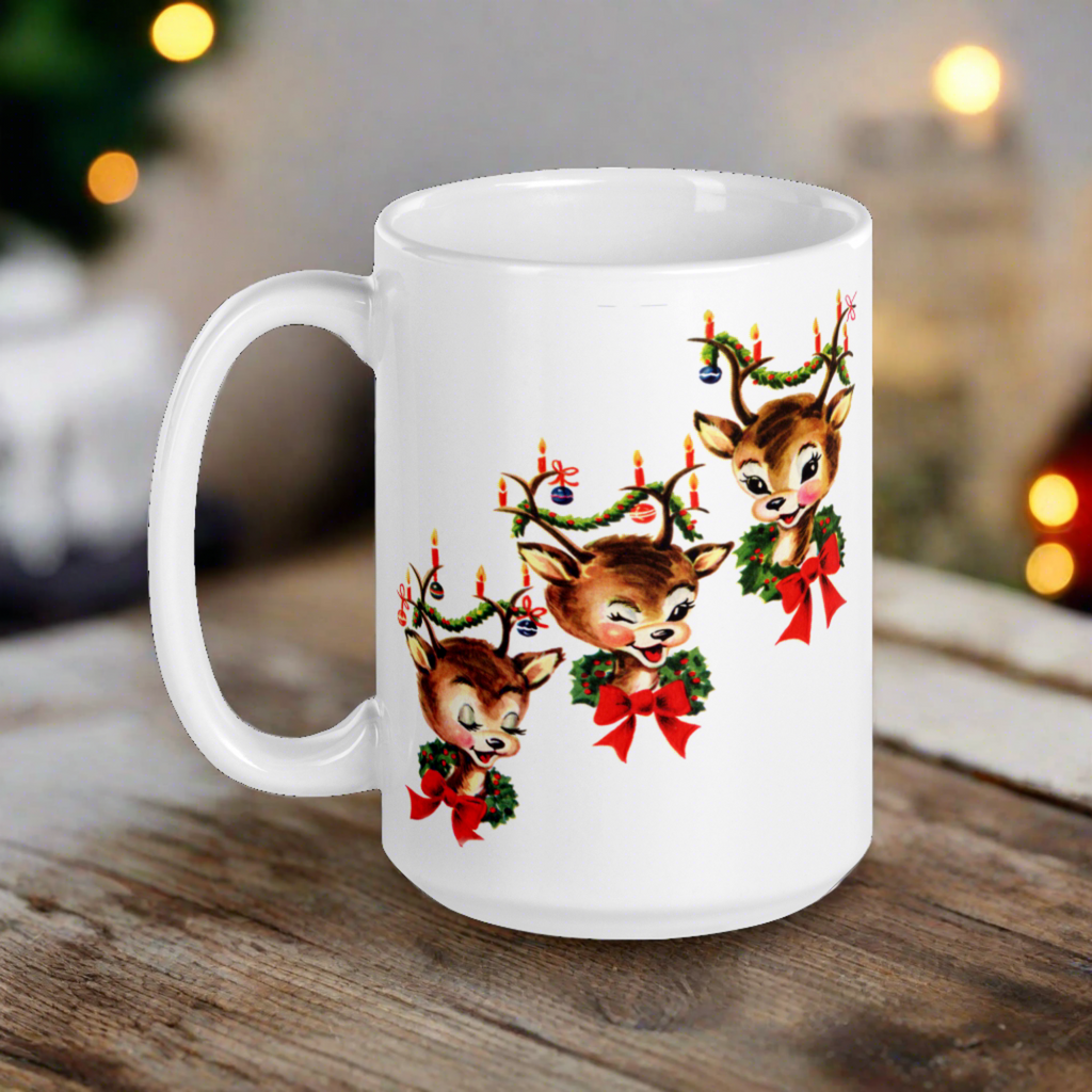 Three Reindeer Retro Vintage Christmas Glossy Coffee Mug