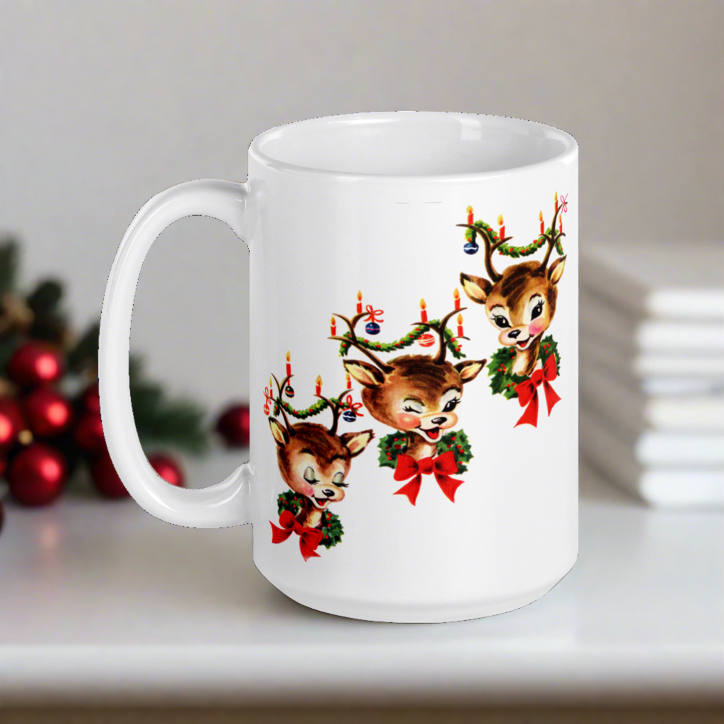 Three Reindeer Retro Vintage Christmas Glossy Coffee Mug