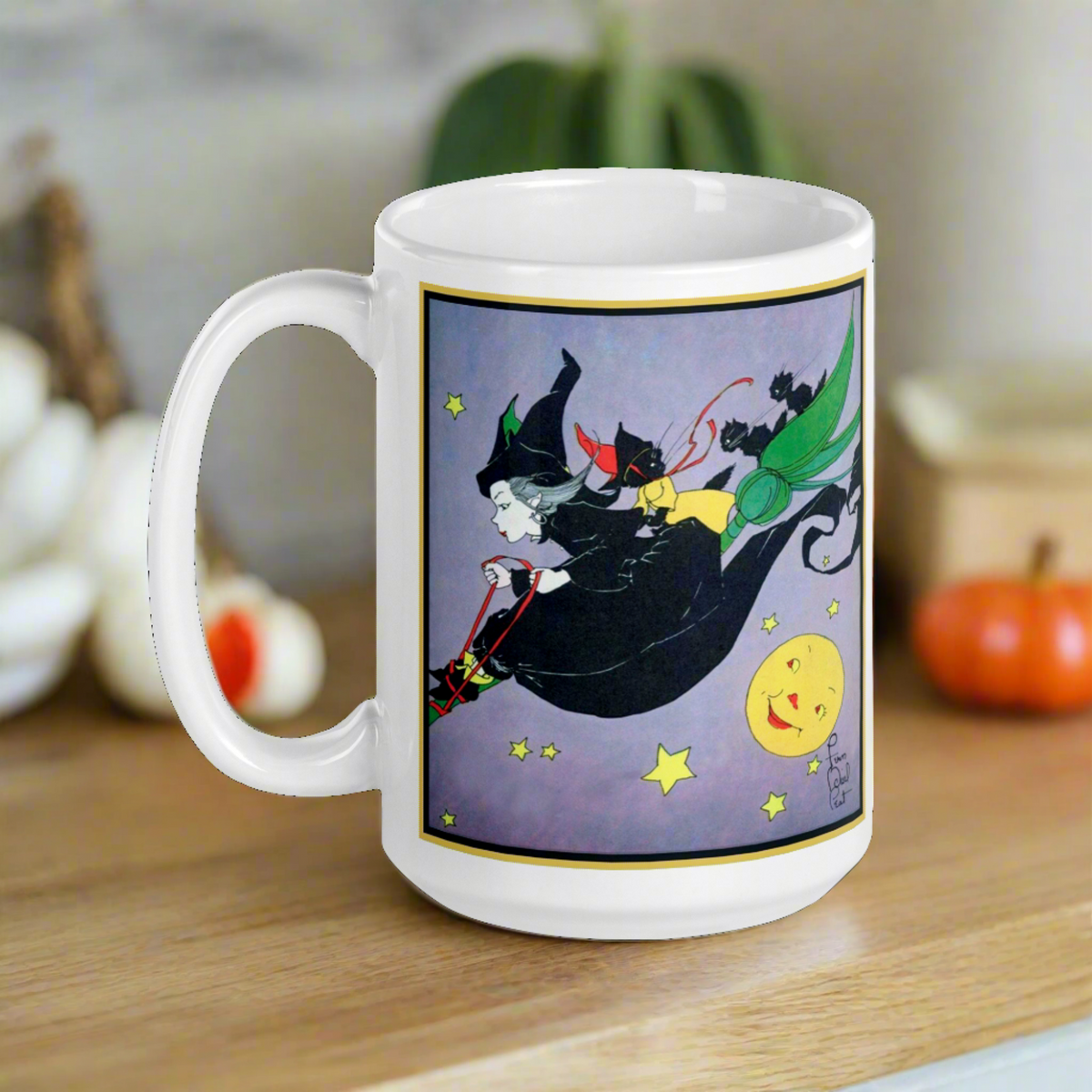 Witch Black Cats Broomride Retro Vintage Fern Bisel Peat Halloween Glossy Mug
