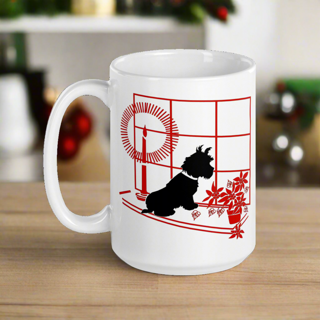 Black Scottie Dog At Window With Poinsettias And Candle Retro Vintage Print Ceramic Glossy Christmas Coffee Mug