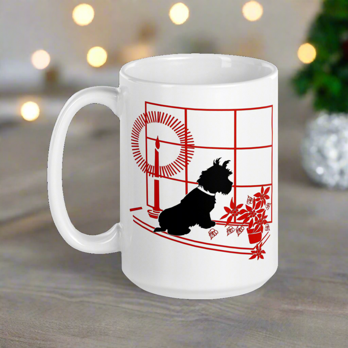 Black Scottie Dog At Window With Poinsettias And Candle Retro Vintage Print Ceramic Glossy Christmas Coffee Mug