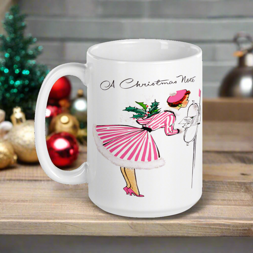 A Christmas Note Lady At Mailbox Retro Christmas Print Glossy Coffee Mug