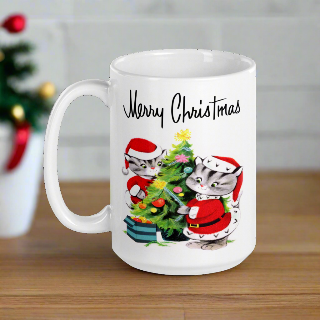 Merry Christmas Santa Christmas Cats Decorating Tree Mid Century Retro Christmas Print Glossy Mug