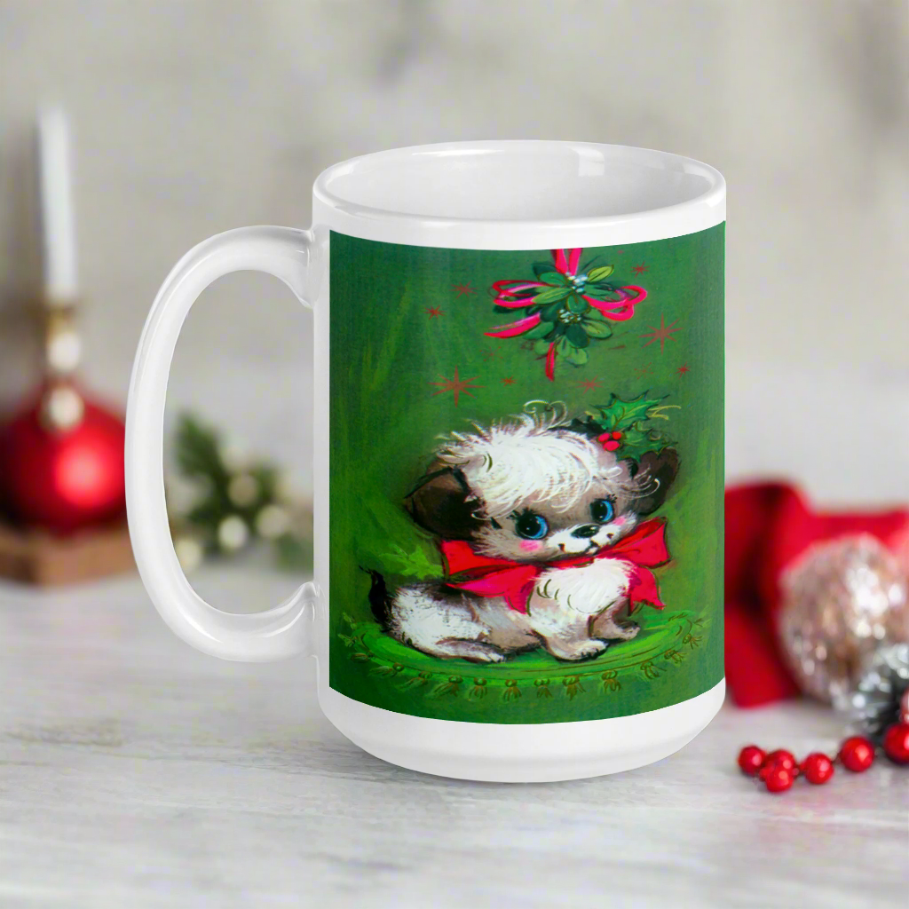 Christmas Puppy Under The Mistletoe Glossy Coffee Mug