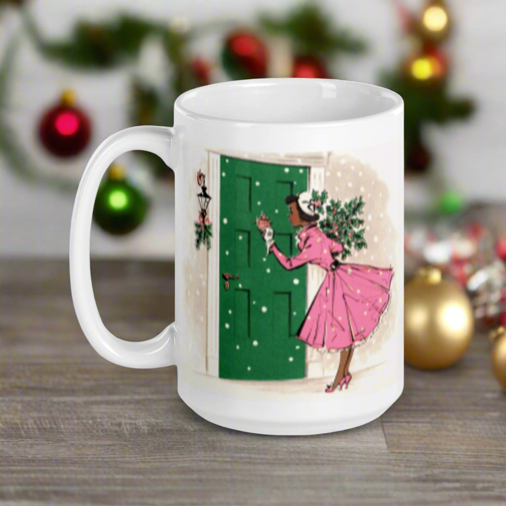 Christmas Lady Housewife With Holly Pine Glossy Coffee Mug
