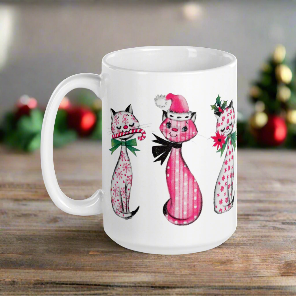 Christmas Cats Retro Midcentury Glossy Coffee Mug