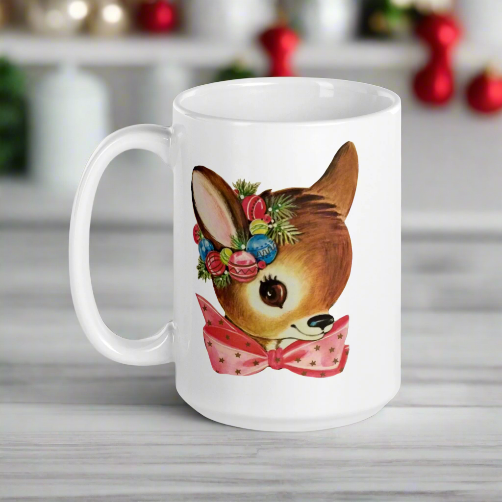Reindeer Pink Bow Midcentury Retro Christmas Glossy Coffee Mug