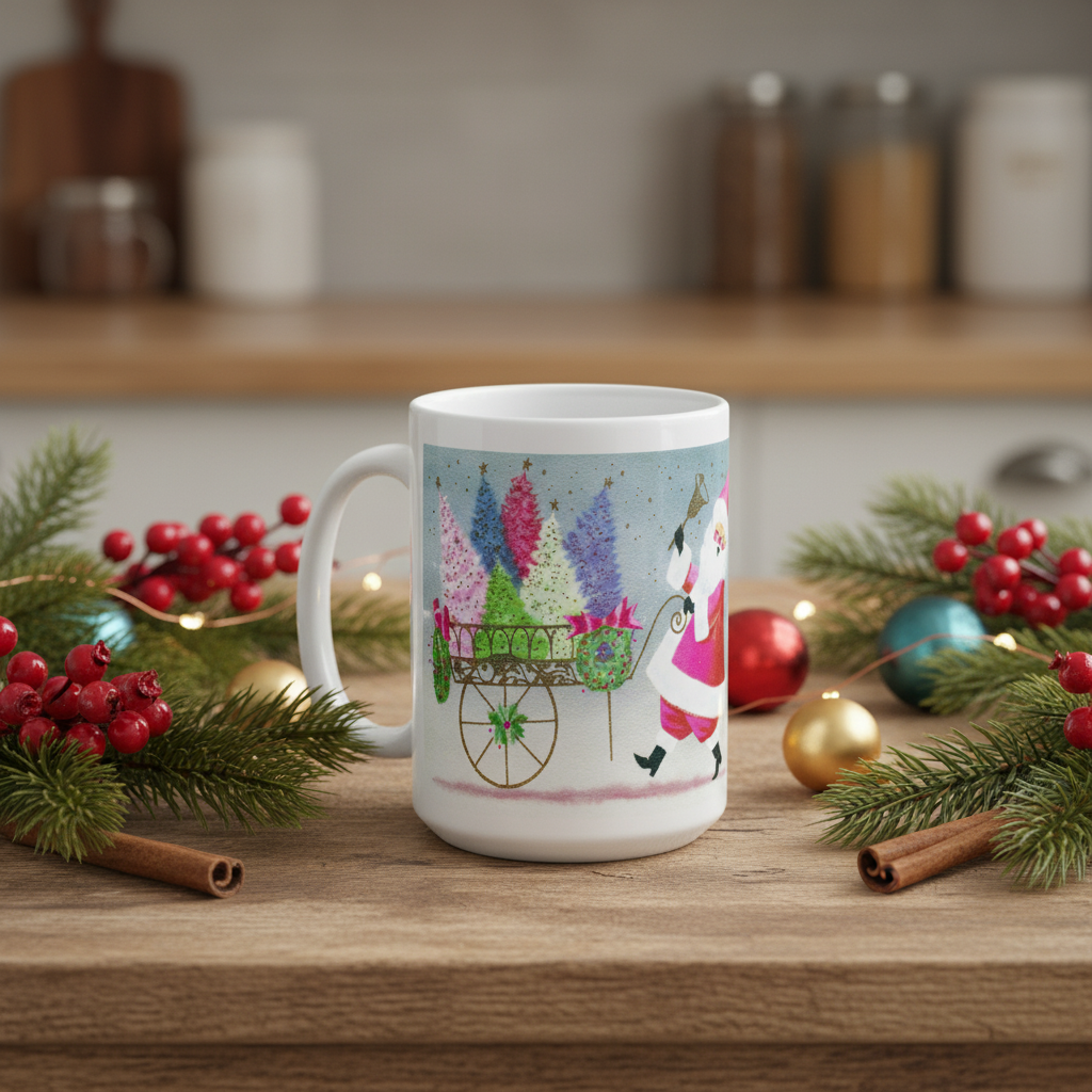 Santa Ringing Bell Mid Century Retro Christmas Print Glossy Mug